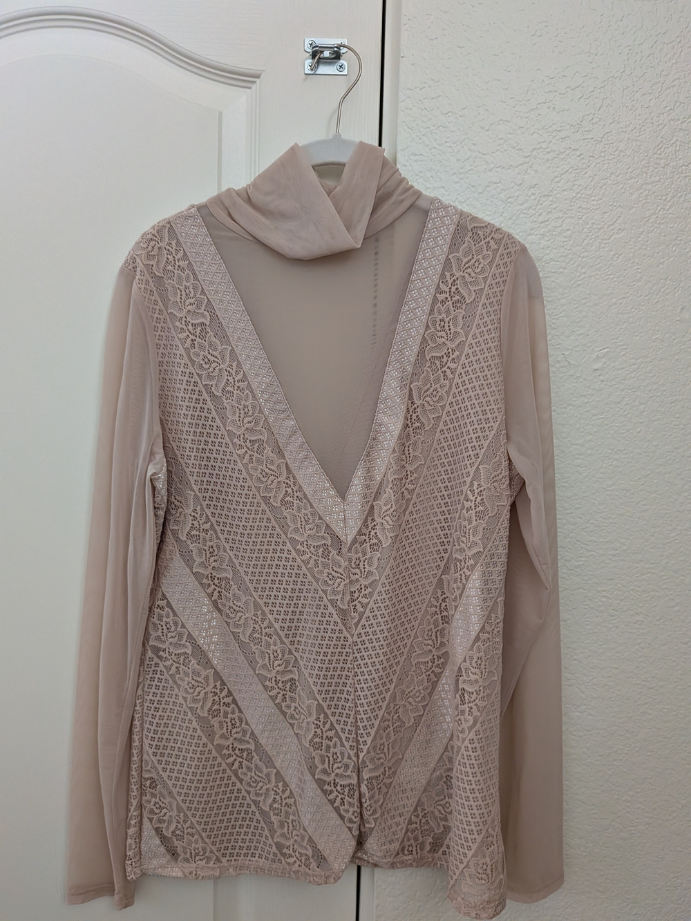 Guess Blush Sheer Lace Chevron Long-Sleeve Mock Neck Top